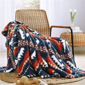 Boho Sherpa Throw Blanket Aztec Navy Ultra Soft Warm Cozy Plush Thick Fleece